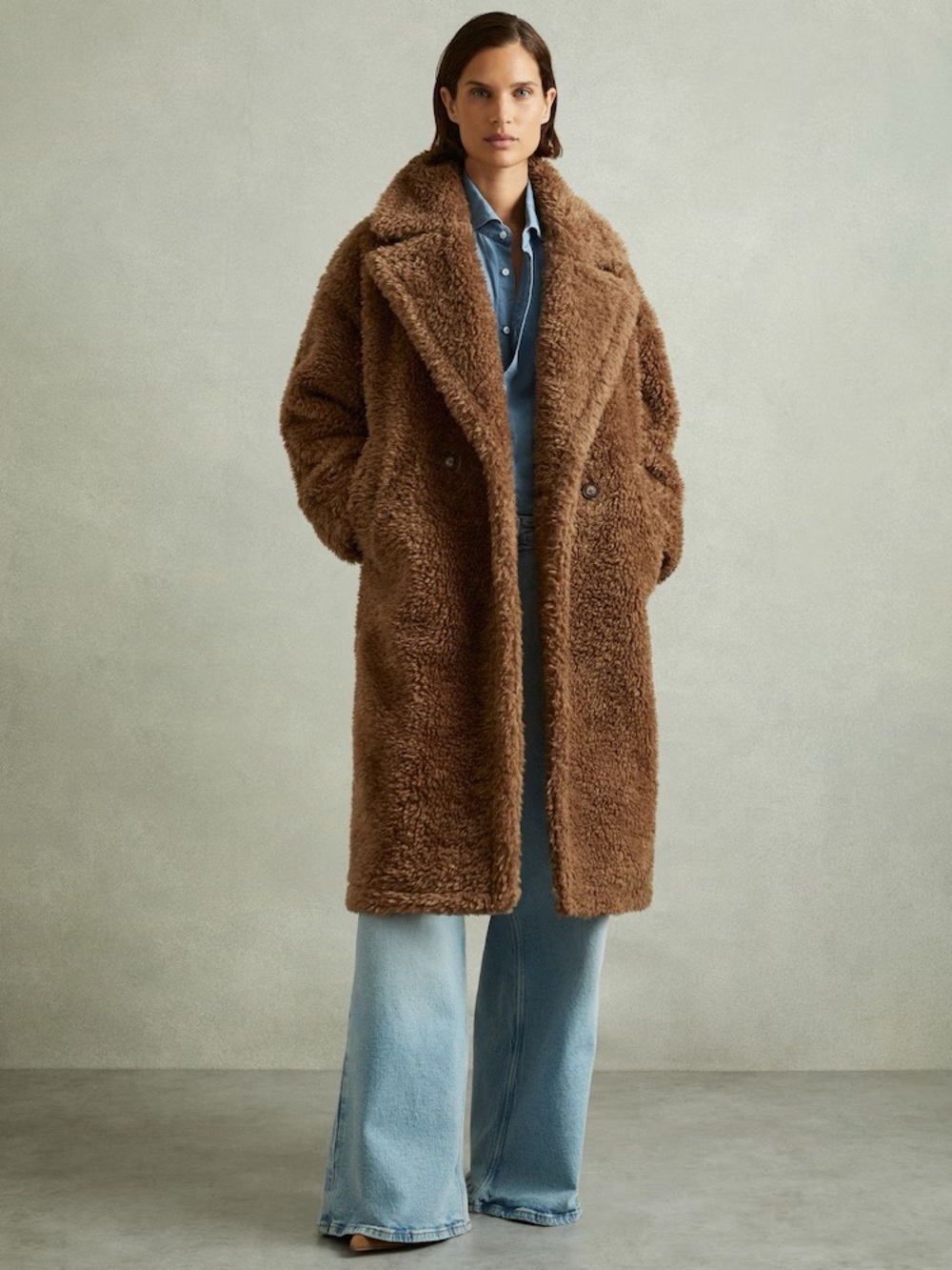 NWT Reiss Darla Teddy Coat Long Wool Jacket Brown Large
